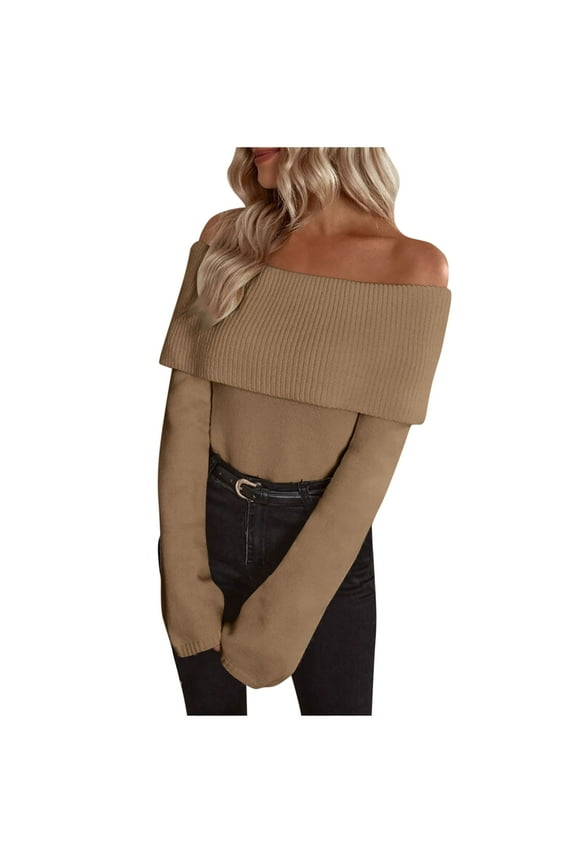 Women Off Shoulder Sweaters 2025 Fall Fashion Cute Long Sleeve Tops Knitted Ribbed Soft Y2k Going Out Jumper Tops