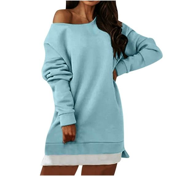 Women Off Shoulder Sweatshirt Slouchy Tunic Shirt Long Sleeve Pullover Tops Cotton Sweater Short Dress Jumper Top