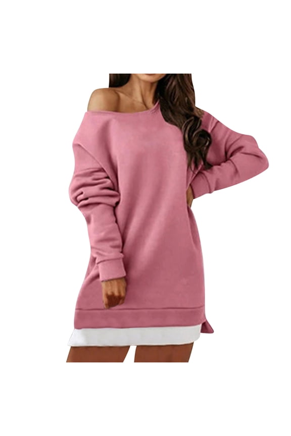 Women Off Shoulder Sweatshirt Slouchy Tunic Shirt Long Sleeve Pullover Tops Cotton Sweater Short Dress Jumper Top