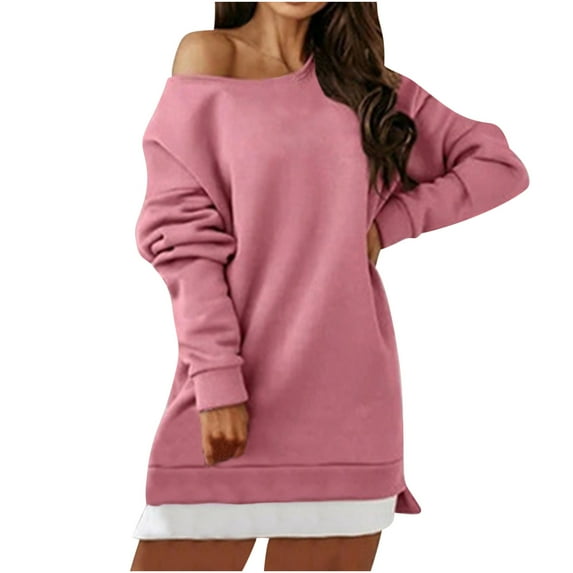 Women Off Shoulder Sweatshirt Slouchy Tunic Shirt Long Sleeve Pullover Tops Cotton Sweater Short Dress Jumper Top