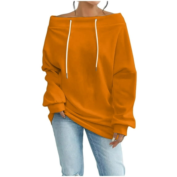 Women Off Shoulder Sweatshirts with Drawstring Oversized Casual Trendy Pullover Long Sleeve Tops Solid Color (L, Orange)