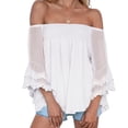 thumbnail image 1 of Women Off Shoulder Top 3/4 Bell Sleeves Loose Fit Elastic Neckline Lining Inside Summer Blouse Beige L, 1 of 8