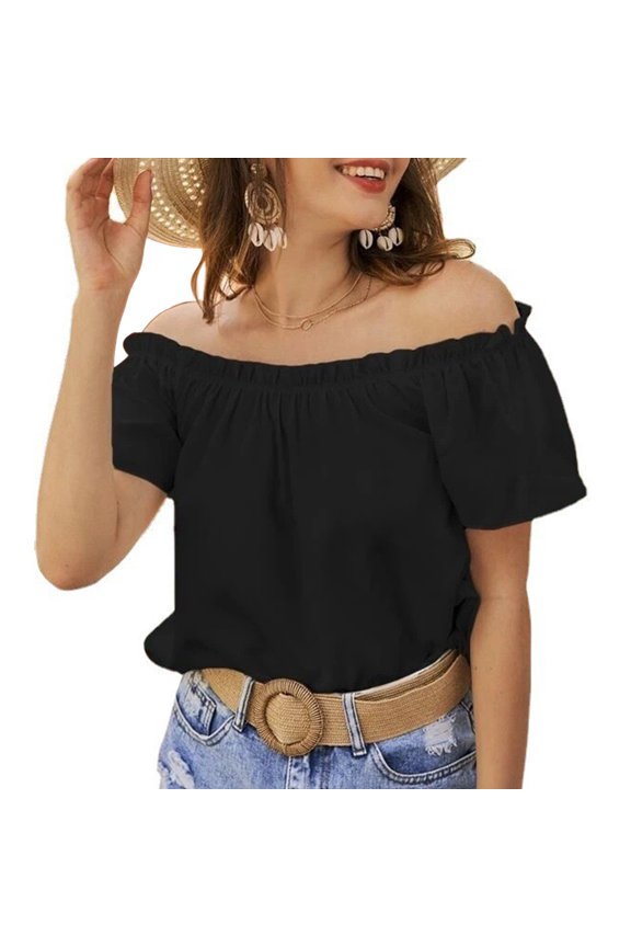 Women Off Shoulder Top Casual Plain Color Short Sleeve Frill Trim Loose Fit Summer Pullover Blouse Black L