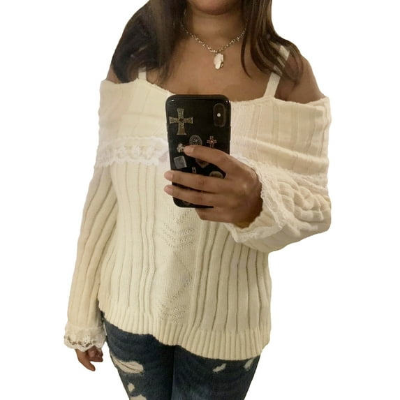 Women Off Shoulder Top Y2K Long Sleeve Lace Trim Knit Shirt Fashion Cute Solid Pullover Sweater