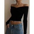thumbnail image 1 of Women Off Shoulder Twist Front Long Sleeve Crop Top Solid Color Slim Fitted Casual Going Out Blouse, 1 of 11