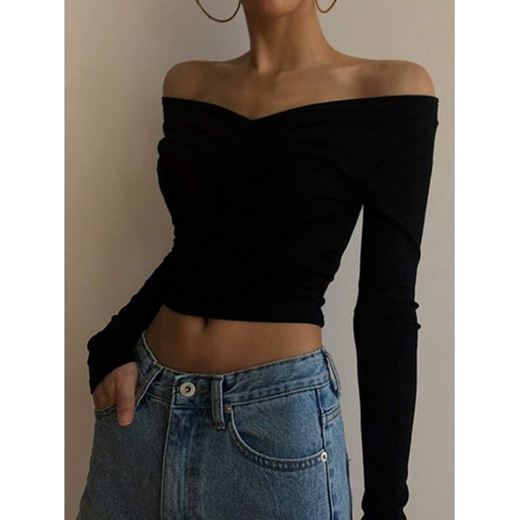 Women Off Shoulder Twist Front Long Sleeve Crop Top Solid Color Slim Fitted Casual Going Out Blouse