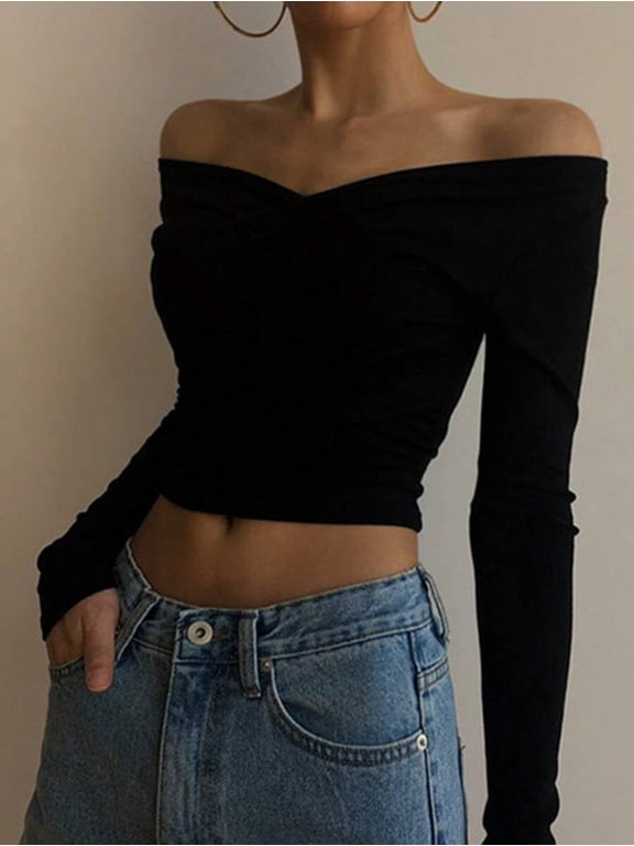 Women Off Shoulder Twist Front Long Sleeve Crop Top Solid Color Slim Fitted Casual Going Out Blouse