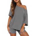 thumbnail image 1 of Women Off The Shoulder Lounge Set Loose Short Sleeve Top High Waist Biker Shorts Matching Outfit Two Piece Tracksuit Gray L, 1 of 4
