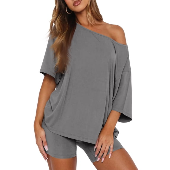 Women Off The Shoulder Lounge Set Loose Short Sleeve Top High Waist Biker Shorts Matching Outfit Two Piece Tracksuit Gray L