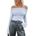 thumbnail image 1 of Women Off The Shoulder Sweater Long Sleeve Solid Knit Pullover Slim Fit Crop Tops, 1 of 6