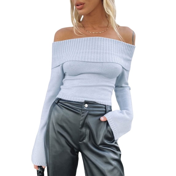 Women Off The Shoulder Sweater Long Sleeve Solid Knit Pullover Slim Fit Crop Tops