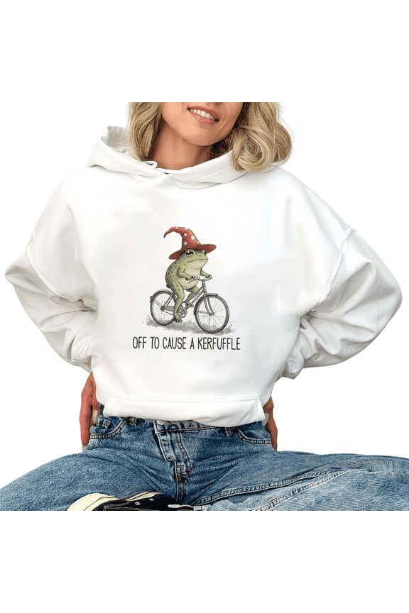 Women Off To Cause A Kerfuffle Witch Frog Graphic Hooded Long Sleeved Tops Crew Neck Printed Cotton Hoodie White S-2XL