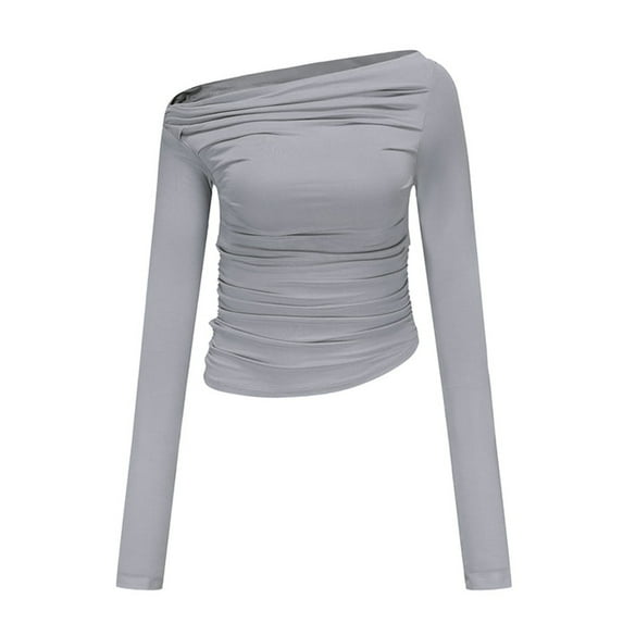 Women Off-shoulder Ruched T-shirt Solid Color Long Sleeve Slimming Crop Tops Streetwear