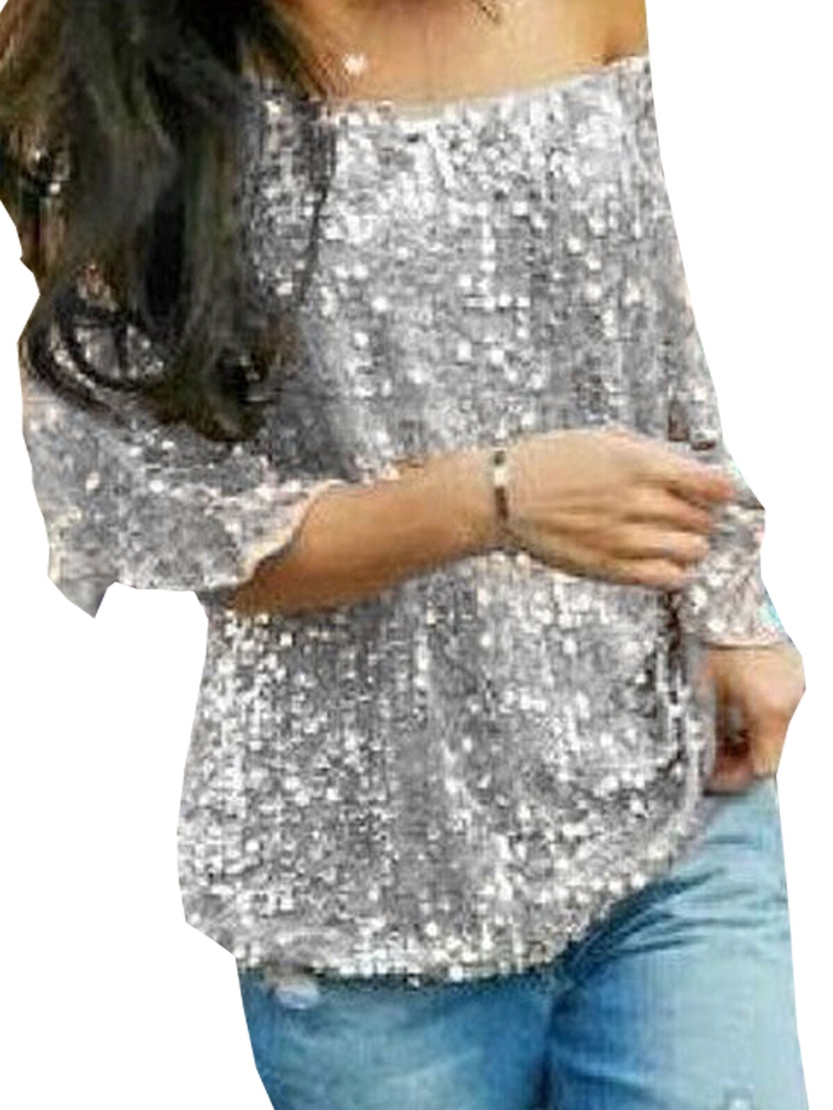 off shoulder silver top