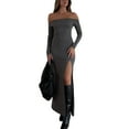 thumbnail image 1 of Women Off the Shoulder Long Dress Elegant Long Sleeve High Slit Bodycon Maxi Dress Club Streetwear, 1 of 6