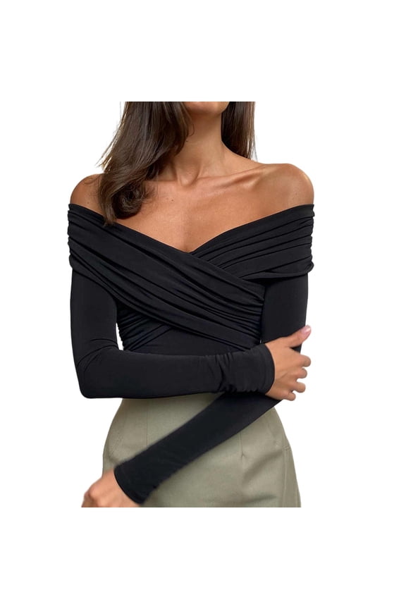 Women Off the Shoulder Long Sleeve Bodysuit One Lined Thong Bodysuit Black S