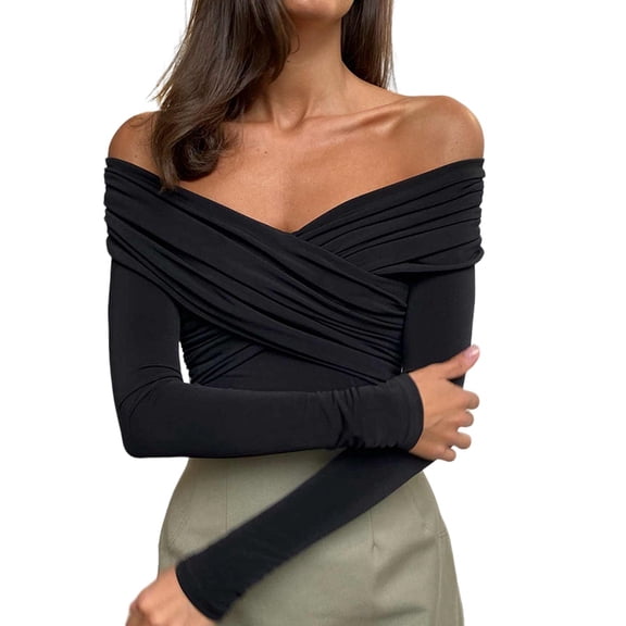 Women Off the Shoulder Long Sleeve Bodysuit One Lined Thong Bodysuit Black XS