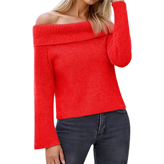 Women Off the Shoulder Sweater Long Sleeve Tops 2025 Fall Loose Knit Pullover Sweaters Winter Clothes Red M