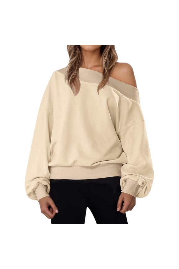 Women Off the Shoulder Sweatshirt - Fall Winter Fleece Pullover Tops - Casual Solid Color Drop Shoulder Long Sleeve
