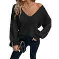 thumbnail image 1 of Women Off the Shoulder V Neck Sweater Top Fitted Long Sleeve Shirt Tie Back Sweater Black XL, 1 of 8