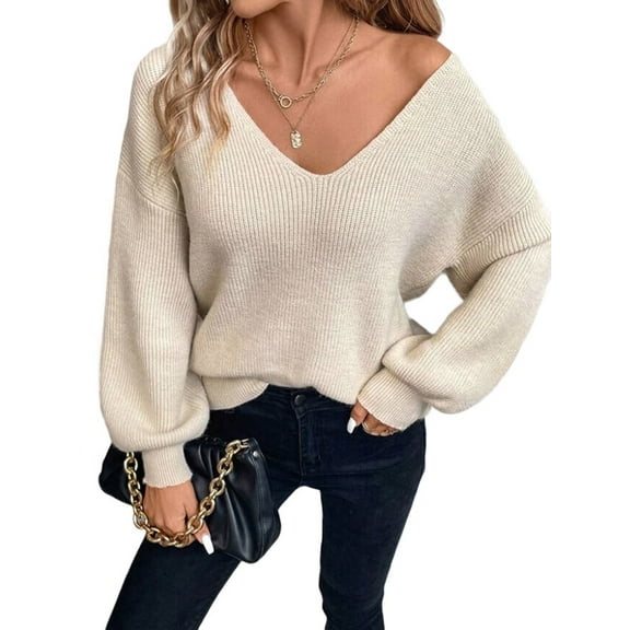 Women Off the Shoulder V Neck Sweater Top Fitted Long Sleeve Shirt Tie Back Sweater Khaki L
