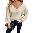 thumbnail image 1 of Women Off the Shoulder V Neck Sweater Top Fitted Long Sleeve Shirt Tie Back Sweater Khaki XL, 1 of 9
