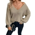 thumbnail image 1 of Women Off the Shoulder V Neck Sweater Top Fitted Long Sleeve Shirt Tie Back Sweater Light Beige L, 1 of 9