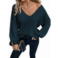 thumbnail image 1 of Women Off the Shoulder V Neck Sweater Top Fitted Long Sleeve Shirt Tie Back Sweater Royal Blue M, 1 of 8