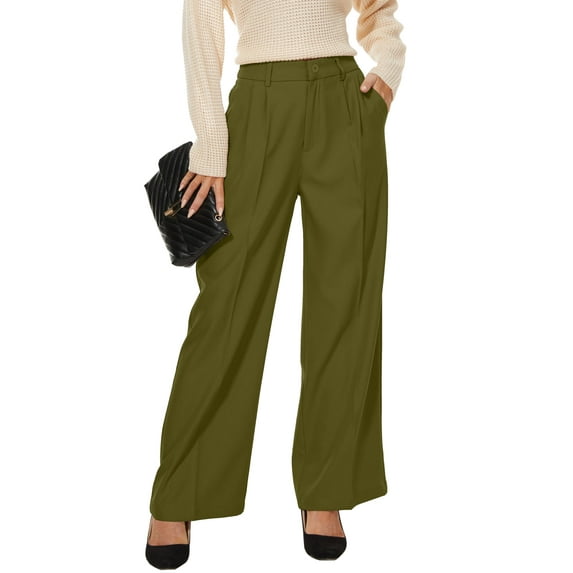 Women Office Wide High Waist Pants Loose Fit Elastic Waist Pleated Front Trousers for Work Casual