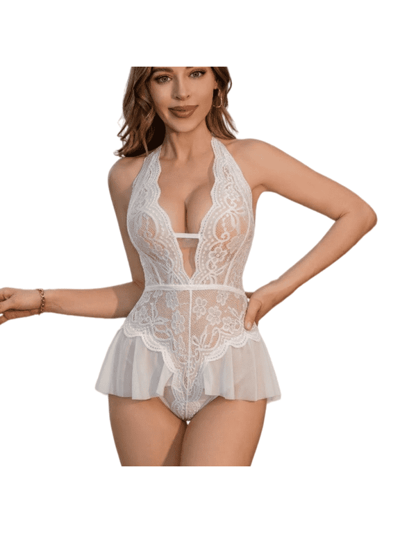 Women Babydoll Lingerie Lace Plunge Halter Bodysuit Sleepwear White L