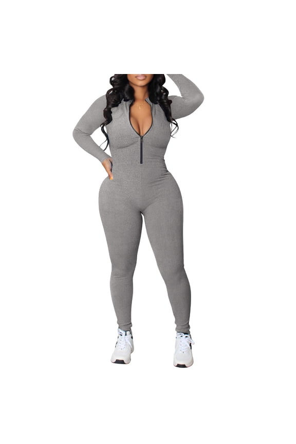 Women One Piece Bodycon Jumpsuit Solid Color Zipper Long Sleeve Pants Romper Clubwear Streetwear