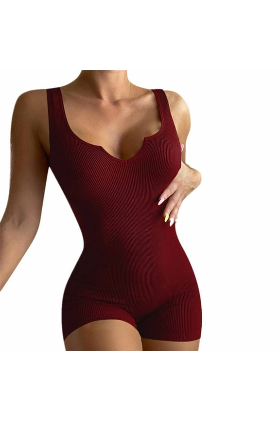 Women's One Piece Sleeveless Knit Ribbed V Neck Tank Top Rompers Short Bodysuit Jumpsuit Catsuit for Women