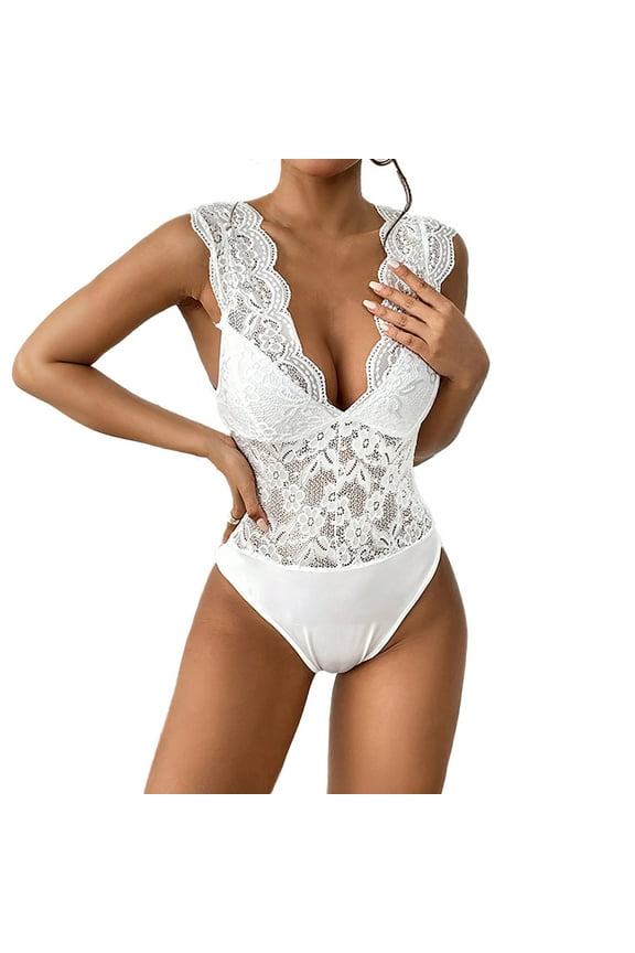 Women One Piece Lingerie Deep V Teddy Sexy Lace Bodysuit Snap Crotch Babydoll