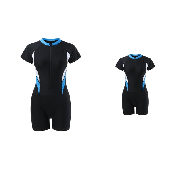 Women One Piece Modest Swimsuit with Boyshort Bottom, Short Sleeve Rashguard Top, Contrast Line Design for Snorkeling, Surfing & Swimming