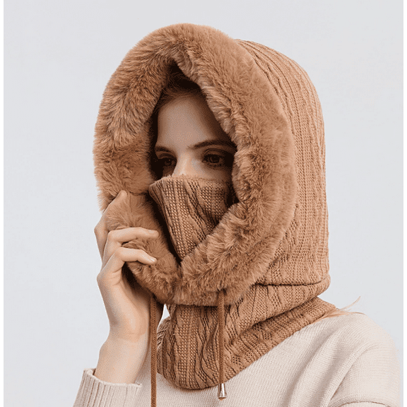 Women One Piece Slouchy Fleece Beanie Hats Scarf Mask Drawstring Warm Hooded Winter Balaclava Pullover Knitted Hat