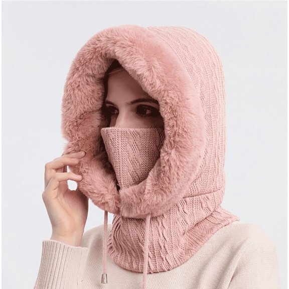 Women One Piece Slouchy Fleece Beanie Hats Scarf Mask Drawstring Warm Hooded Winter Balaclava Pullover Knitted Hat