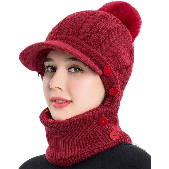 Women One Piece Slouchy Fleece Beanie Hats Scarf Mask Warm Winter Knitted Hat Thick Skull Ski Cap