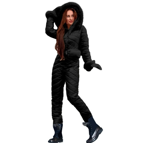 Women One Piece Snowsuit Fuzzy Hooded Ski Snow Suits Waterproof Windproof Jumpsuit Outdoor Sports Warm Outfits with Gloves Black M