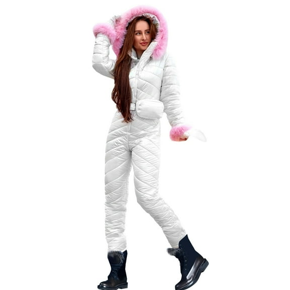 Women One Piece Snowsuit Fuzzy Hooded Ski Snow Suits Waterproof Windproof Jumpsuit Outdoor Sports Warm Outfits with Gloves White M