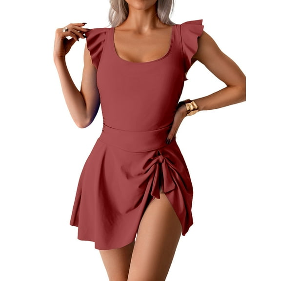 Women One-Piece Swim Dress Tummy Control Swimsuit Slimming Ruffle Side Tie Kont Swimdress Bathing Suit Brick Red S