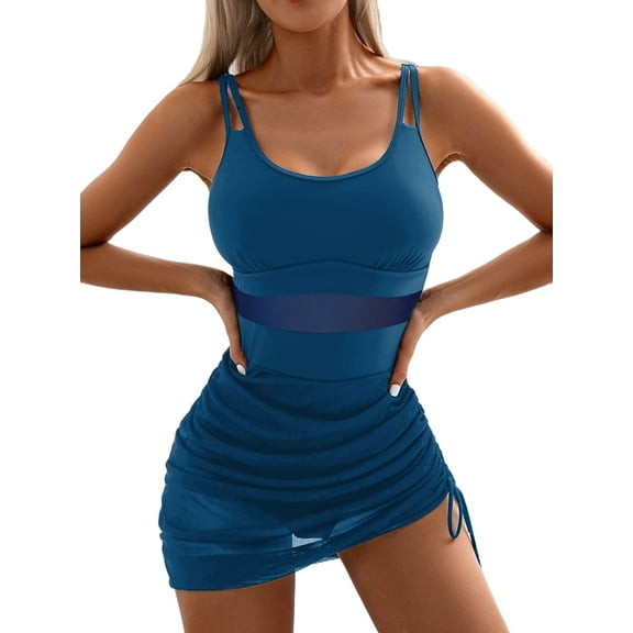 Women One-Piece Swim Dress Tummy Control Swimsuits Slimming Mesh Sheer Sarong Wraps Bathing Suit Green XL