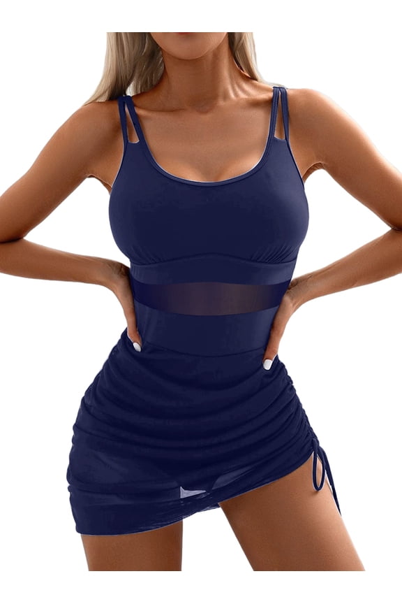 Women One-Piece Swim Dress Tummy Control Swimsuits Slimming Mesh Sheer Sarong Wraps Bathing Suit Navy Blue S