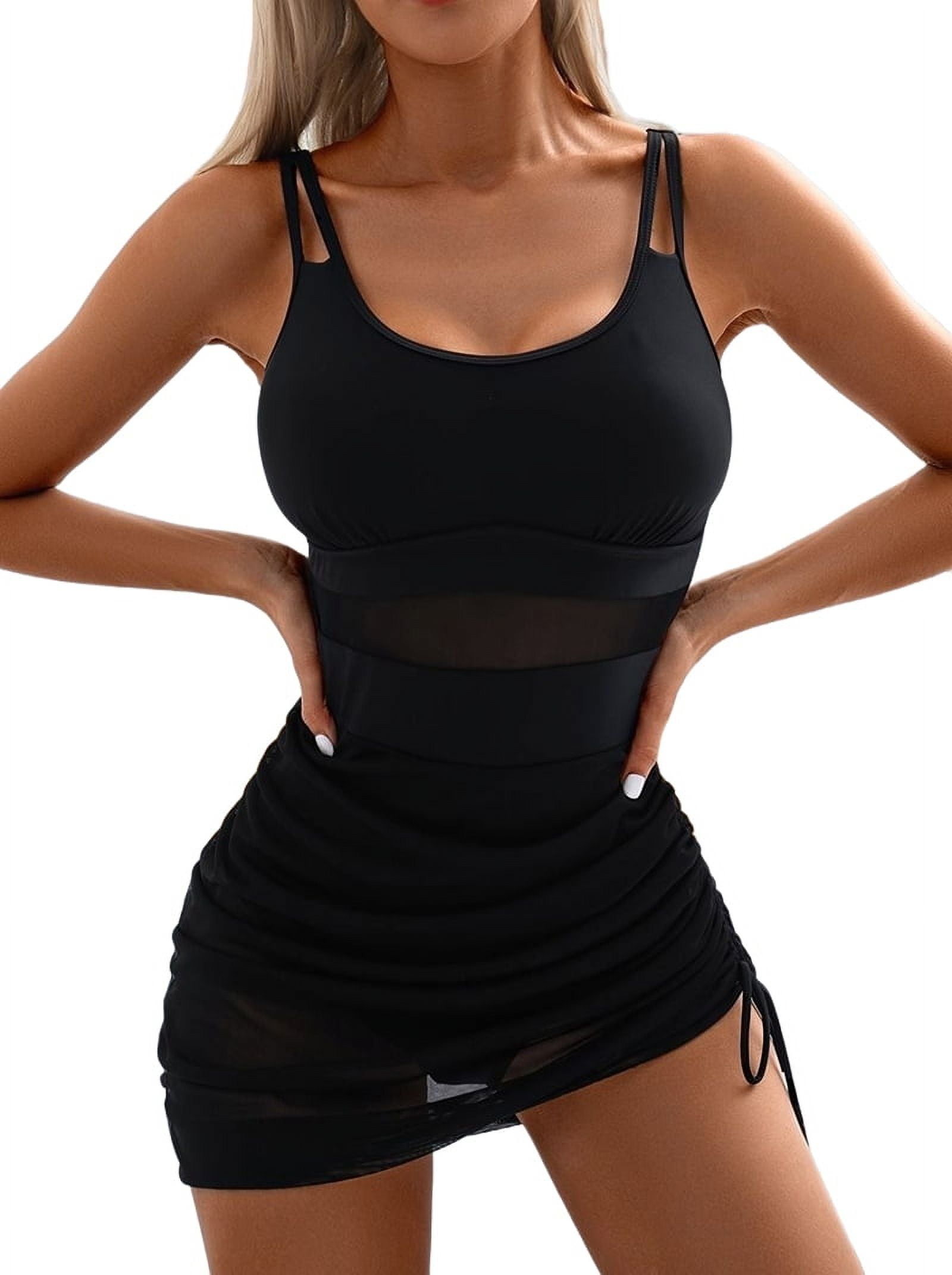 Women One-Piece Swim Dress Tummy Control Swimsuits Slimming Mesh Sheer ...