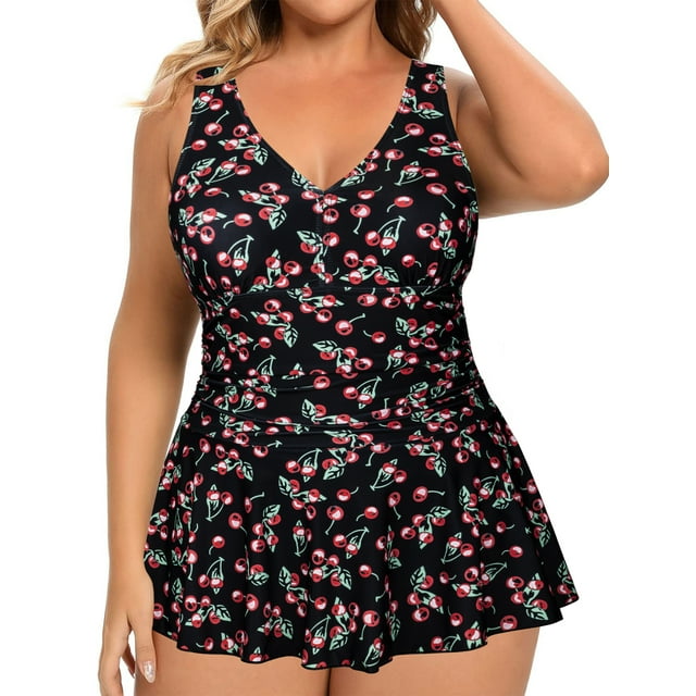 Women One Piece Swim Dress with Skirt Plus Size Swimsuit Tummy Control