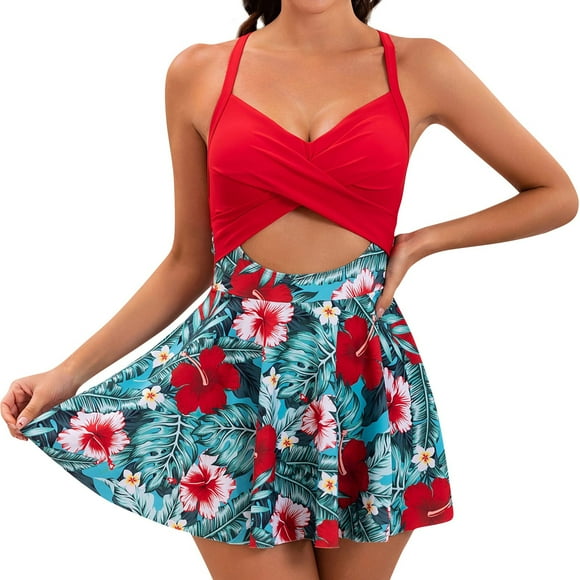 Women One Piece Swimdress Tummy Control Bathing Suit Push Up Swimsuit Modest Swimwear Cutout V Neck Cute Skirt Multicolor L