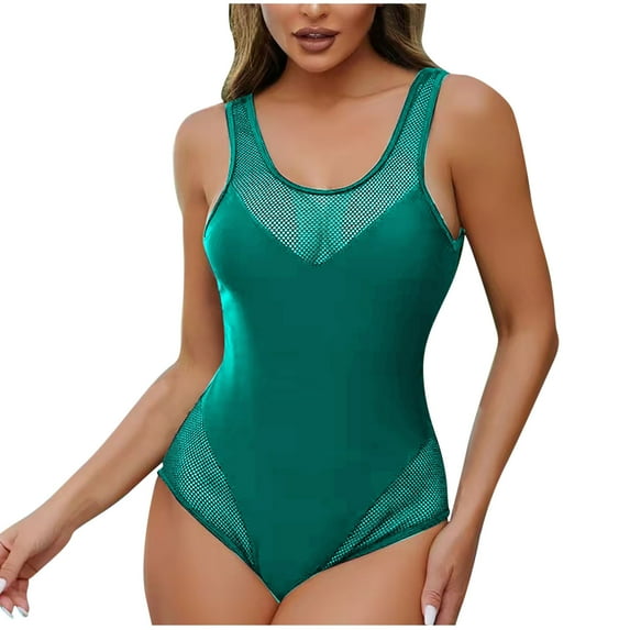 Women One Piece Swimsuit 2025 Crewneck Mesh Swimsuit Patchwork Bathing Suit Solid Color Dressy Swimwear Swimsuits for Women
