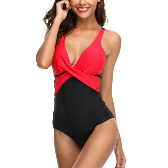 Women One Piece Swimsuit Front Cross Backless Sports Racerback Fashion Color Block Swimwear