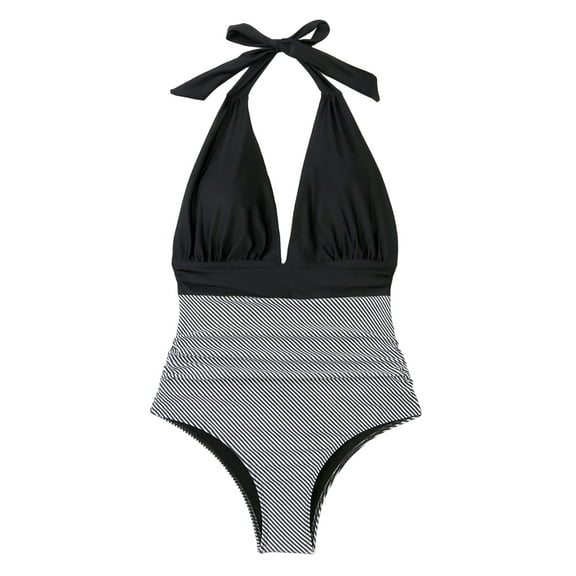 Women One-Piece Swimsuit Front Ruched Leopard Tummy Control High Waist Halter Lace Up Bikini Dress Black XL