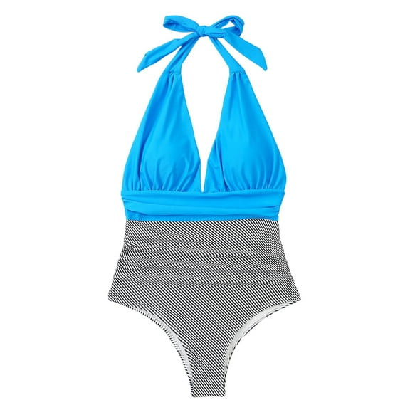 Women One-Piece Swimsuit Front Ruched Leopard Tummy Control High Waist Halter Lace Up Bikini Dress Blue S