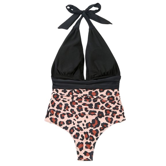 Women One-Piece Swimsuit Front Ruched Leopard Tummy Control High Waist Halter Lace Up Bikini Dress Leopard Print S